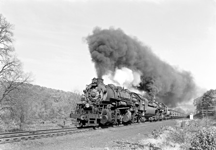 Baltimore and Ohio Railroad steam locomotive nos. 7155 and 7170 with 30 cars at Juneau, Pennsylvania, on October 25, 1954. Photograph by Donald W. Furler, Furler-16-067-01, © 2017, Center for Railroad Photography and Art