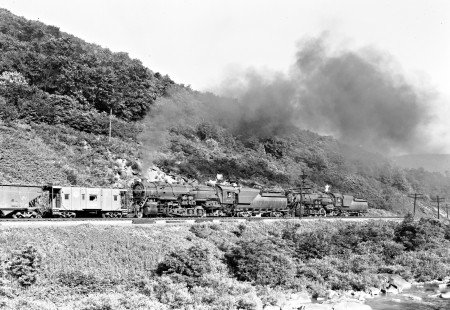 Baltimore and Ohio Railroad steam locomotive nos. 6140 and 6155 pushing an ore train (pulled by no. 6192) at Hoblitzell, Pennsylvania, on July 24, 1953. Photograph by Donald W. Furler, Furler-16-063-02, © 2017, Center for Railroad Photography and Art