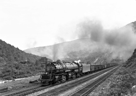 Baltimore and Ohio Railroad  2-8-8-4 team locomotive no. 7614 with a westbound freight train west of Keyser, West Virginia, on September 5, 1948. Photograph by Donald W. Furler, Furler-14-021-01, © 2017, Center for Railroad Photography and Art