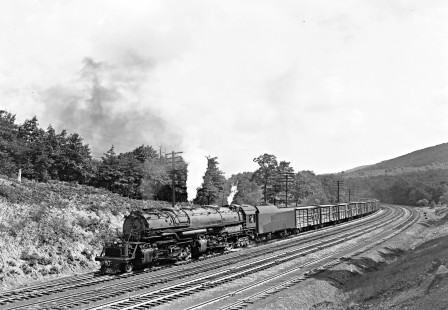 Baltimore and Ohio Railroad 2-8-8-4 steam locomotive no. 7605 with a freight train west at Altamont, Maryland, on September 4, 1949. Photographed by Donald W. Furler, Furler-14-018-02, © 2017, Center for Railroad Photography and Art