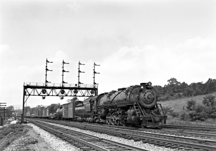 Baltimore and Ohio Railroad 2-10-2 steam locomotive no. 6176 leading a westbound freight train with 68 cars under the semaphore and color position light signals at Orleans Road in Great Cacapon, West Virginia, on September 3, 1949. Photograph by Donald W. Furler, Furler-14-003-02, © 2017, Center for Railroad Photography and Art