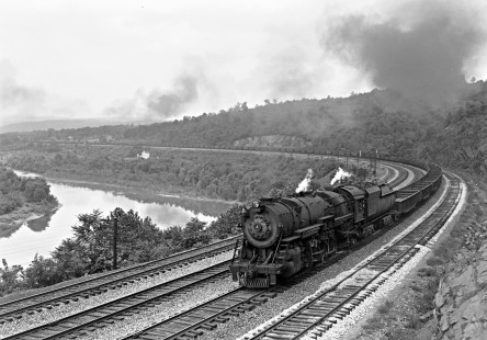 Baltimore and Ohio Railroad 2-10-2 steam locomotive no 6138 leading a 107-car freight train west along the Potomoc River west of Orleans Road in Great Cacapon, West Virginia, on September 3, 1949. Photograph by Donald W. Furler, Furler-13-120-02, © 2017, Center for Railroad Photography and Art
