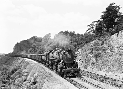 Baltimore and Ohio Railroad 2-10-2 steam locomotive no. 6121 leads a freight train east at Williamsport, Maryland, on August 30, 1941. Photograph by Donald W. Furler, Furler-13-114-01, © 2017, Center for Railroad Photography and Art