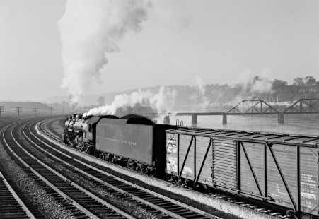Baltimore and Ohio Railroad 4-8-2 steam locomotive no. 5580 leading a freight train east along the Youghiogheny River at Broadford in Connellsville, Pennsylvania, on October 24, 1954. Photograph by Donald W. Furler, Furler-13-104-01, © 2017, Center for Railroad Photography and Art