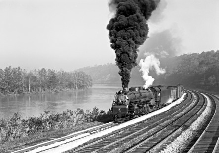Baltimore and Ohio Railroad 4-8-2 steam locomotive no. 5580 leading a freight train east along the Youghiogheny River at Broadford in Connellsville, Pennsylvania, on October 24, 1954. Photograph by Donald W. Furler, Furler-13-103-02, © 2017, Center for Railroad Photography and Art
