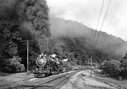 Baltimore and Ohio Railroad 4-6-2 steam locomotive no. 5057 and 2-10-2 steam locomotive no. 6195 leading a 100-car freight train west at Fairhope, Pennsylvania, on September 3, 1949.  Photograph by Donald W. Furler, Furler-13-087-01, © 2017, Center for Railroad Photography and Art