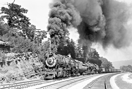 Baltimore and Ohio Railroad steam locomotives 6208 and 5667 with 70-car freight train no. 94 at Manila, a railroad location in Meyersdale, Pennsylvania, circa 1952. Photograph by Donald W. Furler, Furler-16-052-01, © 2017, Center for Railroad Photography and Art