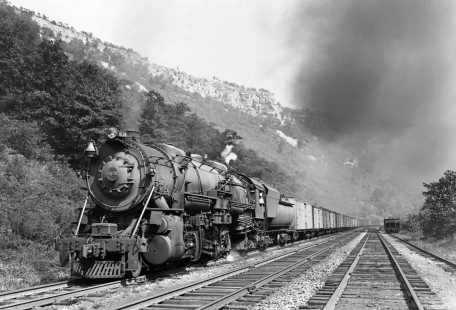 Baltimore and Ohio Railroad 2-10-2 steam locomotive no. 6126 hauls a 70-car freight train west through The Narrows of Cumberland, Maryland, on August 30, 1941. Photograph by Donald W. Furler, Furler-13-116-02, © 2017, Center for Railroad Photography and Art