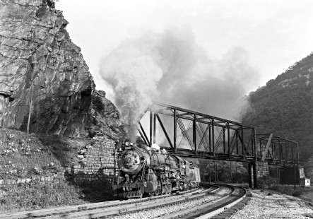 Baltimore and Ohio Railroad 2-10-2 steam locomotive no. 6109 leading a 32-car freight train west through The Narrows of Cumberland, Maryland, on September 5, 1948. Photograph by Donald W. Furler, Furler-13-110-01, © 2017, Center for Railroad Photography and Art