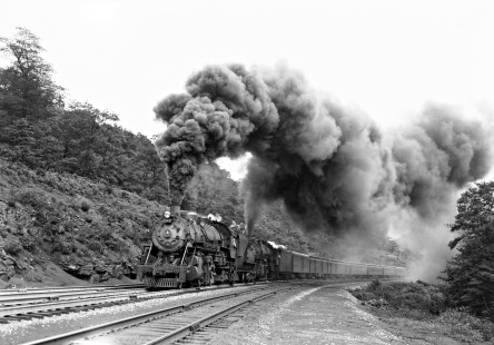 Baltimore and Ohio Railroad  2-8-2 steam locomotive no. 4417 and 4-6-2 steam locomotive no. 5087 with seven-car passenger train no. 11 westbound at Swanton, Maryland, on May 9, 1948.  Photograph by Donald W. Furler, Furler-13-072-02, © 2017, Center for Railroad Photography and Art