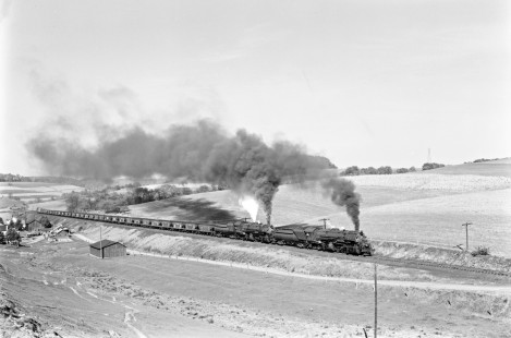 Baltimore and Ohio Railroad steam locomotive nos. 7155 and 7170 leading a westbound freight train through Barton, Pennsylvania, on October 25, 1954. Photograph by Donald W. Furler, Furler-15-033-02, © 2017, Center for Railroad Photography and Art