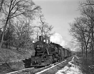 New York, Susquehanna and Western Railway 2-10-0 J-2 steam locomotive 2495 leading westbound Stroudsburg freight train at Crystal Lake, New Jersey, on February 12, 1940. Photograph by Donald W. Furler, Furler-03-101-04, © 2017, Center for Railroad Photography and Art
