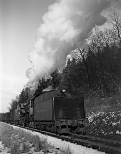 New York, Susquehanna and Western Railway 2-10-0 steam locomotive no. 2492 as the pusher on an eastbound freight train with 34 cars at Ogdensburg, New Jersey, on August 12, 1940. Photograph by Donald W. Furler, Furler-03-100-03, © 2017, Center for Railroad Photography and Art