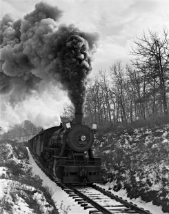 New York, Susquehanna and Western Railway 2-10-0 J-2 steam locomotive no. 2495 leading westbound freight train at Green Pond Junction, Jefferson, New Jersey, on February 12, 1940. Photograph by Donald W. Furler, Furler-03-101-03, © 2017, Center for Railroad Photography and Art
