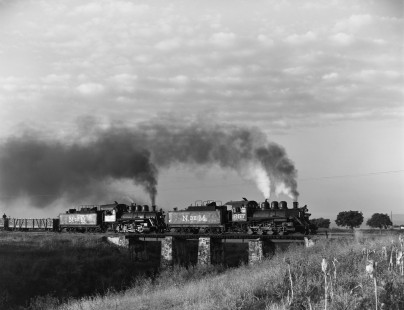 National Railways of Mexico steam locomotive no. 267 and no. 275 lead northbound freight at Cuautla, Morelos, Mexico, on December 17, 1962. Photograph by Victor Hand, Hand-NdeM-01-496.JPG