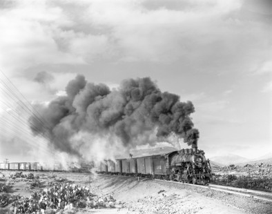 National Railways of Mexico steam locomotive no. 2109  and no. 2224 lead southbound freight at El Grillo, Mexico, on December 30, 1962. Photograph by Victor Hand, Hand-NdeM-01-710.JPG