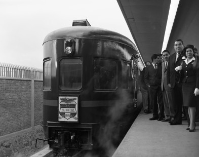 National Railways of Mexico passenger train, "El Regiomontano,"  on its first run at Buenavista Station, Mexico City, Distrito Federal, Mexico, on December 1, 1962. Photograph by Victor Hand, Hand-NdeM-01-418.JPG