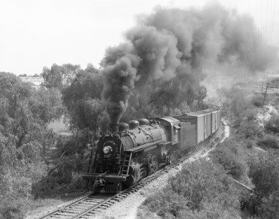 National Railways of Mexico steam locomotive no. 2121 with cement train at Toltec, Hidalgo, Mexico, on June 7, 1964. Photograph by Victor Hand, Hand-NdeM-04-061.JPG
