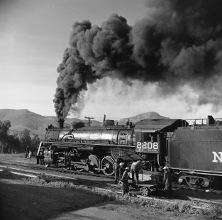 National Railways of Mexico steam locomotive no. 2208 at Zacatecas, Zacatecas, Mexico, on April 17, 1962. Photograph by Victor Hand, Hand-NdeM-X129-1391.JPG