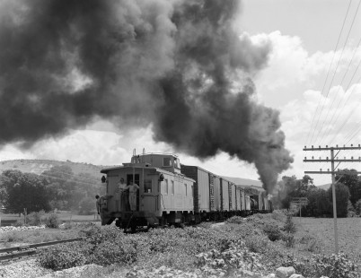 National Railways of Mexico steam locomotive no. 3306 leads northbound local freight train at Tula, Hidalgo, Mexico, on June 10, 1964. Photograph by Victor Hand,  Hand-NdeM-04-086.JPG