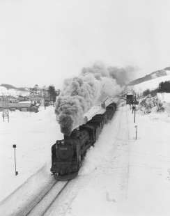 Japanese National Railways steam locomotive no. D51-150 leading southbound freight train #1194 on Hakodate main line at Kozawa, Shiribeshi, Japan, on January 21, 1971. Photograph by Victor Hand, Hand-JNR-18-096.JPG