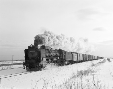 Japanese National Railways steam locomotive no. D51-1072 hauling freight train North on Hakodate main line at Kuroiwa, Hokkaido, Japan, on January 20, 1971. Photograph by Victor Hand, Hand-JNR-18-089.JPG