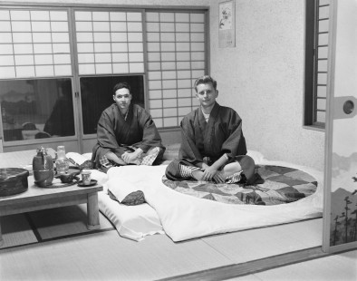 Hand, Victor and Harold Edmonson at a ryokan, a type of traditional Japanese inn, at Hakodate, Hokkaido, Japan, on June 5, 1966. Photograph by Victor Hand, Hand-JNR-10-003.JPG