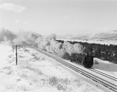 Japanese National Railways steam locomotive no. D52-204 with northbound freight on Muroran main line at Asahihama, Hokkaido, Japan, on January 18, 1971. Photograph by Victor Hand, Hand-JNR-18-046.JPG