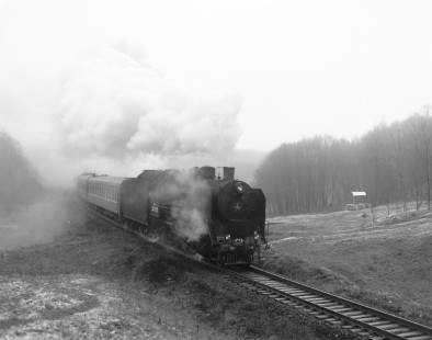 Soviet Railways steam locomotive SO 17-4371 leading a southbound passenger excursion train from Gretchany to Larga at Skibnevo, Ukraine, on December 9, 1992. Photographed by Victor Hand, Hand-SZD-254-270