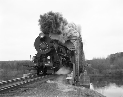 Soviet Railways steam locomotive nTE 6365 pulling an excursion train east over the Drut River while running from Osipovichi to Mogilev, Republic of Belarus, on April 18, 1992. Photograph by Victor Hand, Hand-SZD-254-148