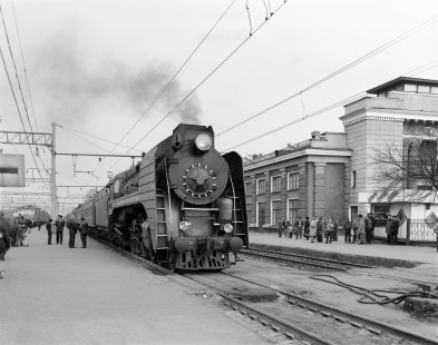 Soviet Railways steam locomotive P36-071 leading a westbound passenger excursion train to Minsk at Orsha, Vitebsk, Republic of Belarus, on April 17, 1992. Photograph by Victor Hand, Hand-SZD-254-135