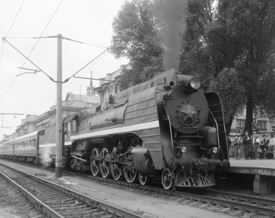 Soviet Railways steam locomotive P36-0064 leading an eastbound passenger train for Baranovici at Brest, Brest, Republic of Belarus, on June 4, 1990. Photograph by Victor Hand, Hand-PKP-SZD-VR-251-099
