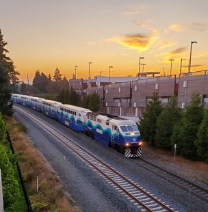 Sounder 1512 deadhead move from the yard to Lakewood Station, Washington, where it will then change ends and depart for Seattle, on September 5, 2019. © Jeffrey Schultz