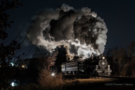 Valley Railroad Mikado #40 pulls up the grade in Chester, Connecticut with a sold-out North Pole Express train, on December 20, 2019. © Tom Nanos