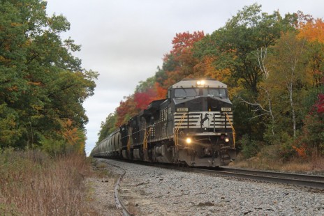 Norfolk Southern locomotives lead a sand train with some nice fall foliage on the Union Pacific Wyeville Subdivision near Black River Falls, Wisconsin, in 2018. © Stephanie Marshall