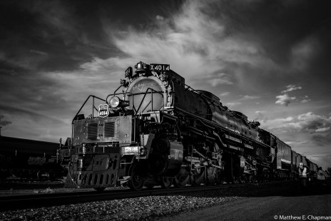 The newly-restored Union Pacific "Big Boy" pulls into the yard in Rawlins, Wyoming after its first full day of travel from Cheyenne, Wyoming, on May 4, 2019. © Matthew Chapman
