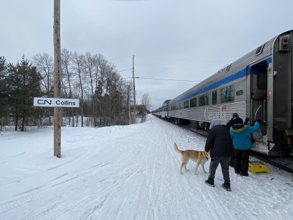 Eastbound VIA Rail Canada making a flag stop at Collins, Ontario, for two passengers to board, on January 30, 2020. The population of Collins is about 200. © Russell Sharp