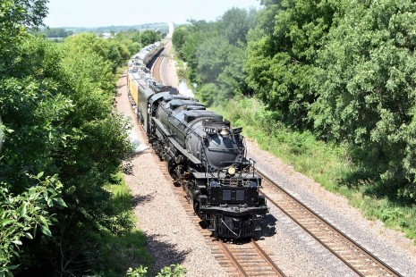 Union Pacific "Big Boy" 4-8-8-4 travels through Denison, Iowa, in July 2019. © Jeff Schramm