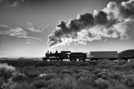 Virginia & Truckee Railroad engine #29 pulls a freight train over the line at sunrise headed towards Virginia City, Nevada on a Lerro Productions photo charter, on February 20, 2020. © Rob Mesite