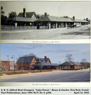 A "now" photo of the 1900 Frost & Granger C&NW station in Lake Forest, Illinois taken 116 years after the "then" picture was published. Most obviously missing now are the women's waiting room chimney at left and the warming shelter chimney at right. Further right, the elevated crossing tower for Deerpath is gone. And the between-two-tracks barrier fence was more substantial. The dormers windows were removed sometime between 1958 and 1960. All platform shed roofs were truncated with gable ends c. Sept. 1960 to allow for more parking spaces. The 2011 restoration led by the Lake Forest Preservation Foundation re-created the slate roof, the dormers, and the hip roof ends of the platform sheds. © David Mattoon