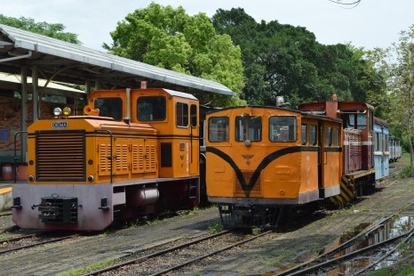 Rolling stock formerly of the Taiwan Sugar Corporation, located at the Chiayi Suantou Zhecheng Cultural Park in southern Taiwan, on April 18, 2016. The locomotive on the left is Diema 0-6-0 #151. © Jerry Libby