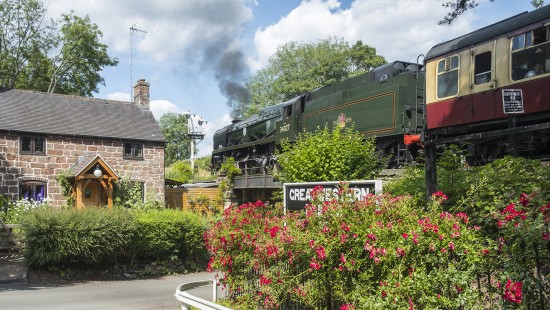 "West Country Class" Pacific 34027 "Taw Valley" departs Hampton Loade for Bridgnorth on the Severn Valley Heritage Railway in Worcestershire, England, on July 7, 2019. © Nick King