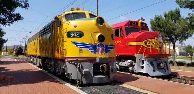 Los Angeles Railroad Heritage Foundation visit to Southern California Rail Museum to see UP 942 (EMD E-8) and ATSF 108 (FP 45), on April 25, 2019. © George Higgins
