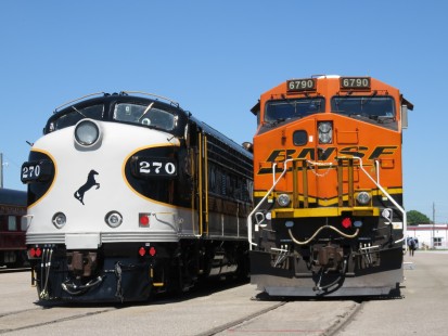 BNSF 6790 and NS 270 parked in a paved yard in Augusta, Georgia during the 2019 Masters Golf Tournament. © Andy Chandler