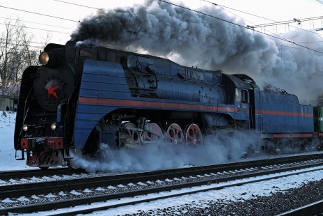 Steam engine П36 in the original "blue" color, on February 8, 2020. This locomotive П36-0027 drove the "Red Arrow" trains from 1954 to 1963 from the Bologoe station to Leningrad (now St. Petersburg). © Дмитрий Лившиц