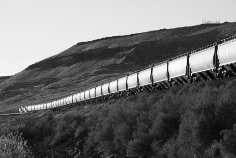 A westbound loaded grain train rolls toward the setting sun on the BNSF Pasco-Portland mainline along the Columbia River in Whitcomb, Washington, on February 14, 2020. © Thomas Hillebrant