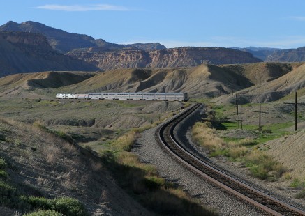 Amtrak's California Zephyr traces the route of the Denver & Rio Grande Western through the remote but stunningly beautiful east Utah desert region near Thompson Springs, on April 19, 2019. © James Belmont