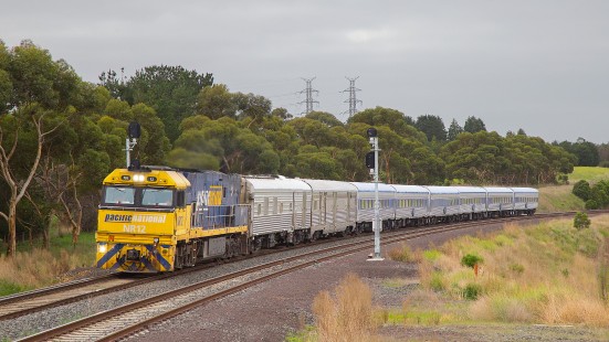 The 'Overland' a daytime passenger train between Melbourne and
Adelaide, Australia, at Moorabool Victoria, on Saturday March 21, 2020. © Neill Farmer