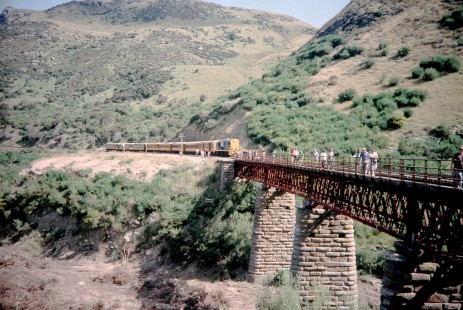The Taieria Gorge Railway tourist train stops to let passengers enjoy the views in Dunedin, New Zealand, on January 19, 1994.  Photograph by Fred Springer. © 2020, Center for Railroad Photography and Art, Springer-NZ(1)-16-25