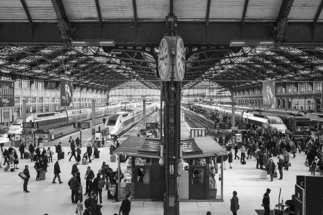 A crowded Gare de Lyon Station in Paris is a blur of visitors from across France and Europe arriving and departing via interurban and TGV high-speed trains, in 2017. © Todd Halamka